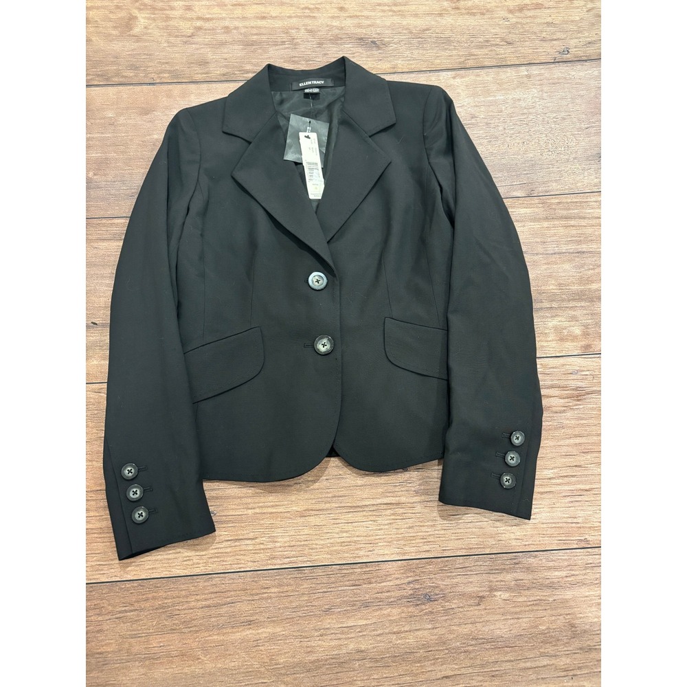 NWT Ellen Tracy Womens Black Two Button Blazer Jacket Petite 4 TEPUA174 Reg $498